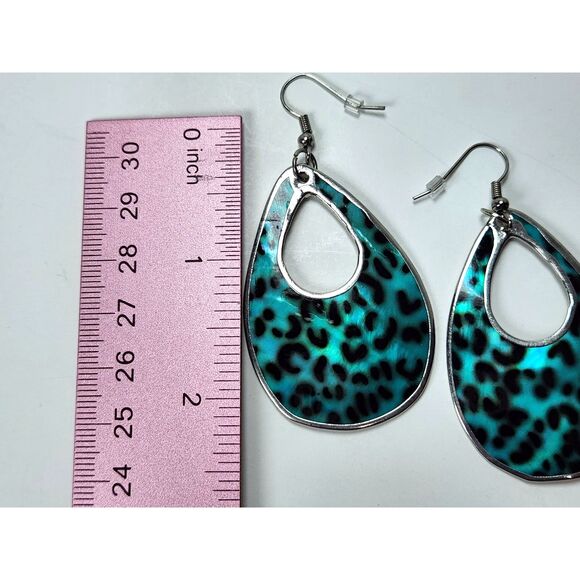 Teardrop Mother of Pearl Earrings Blue Leopard Print Dangle Hook 2.25” Boho Chic - Picture 4 of 5